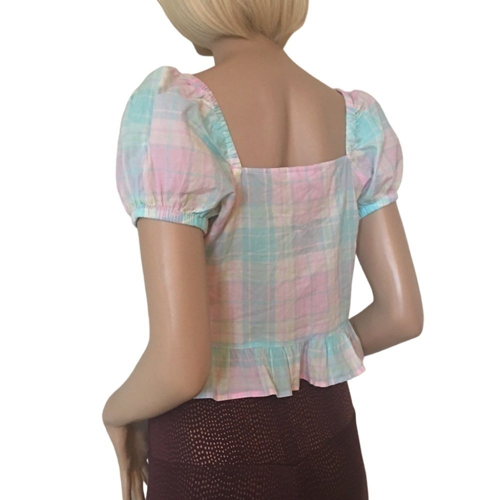 NORDSTROM ABOUND Blouse Pretty Pastel Plaid Tartan Cotton Top Front Bow Tie - Picture 6 of 11